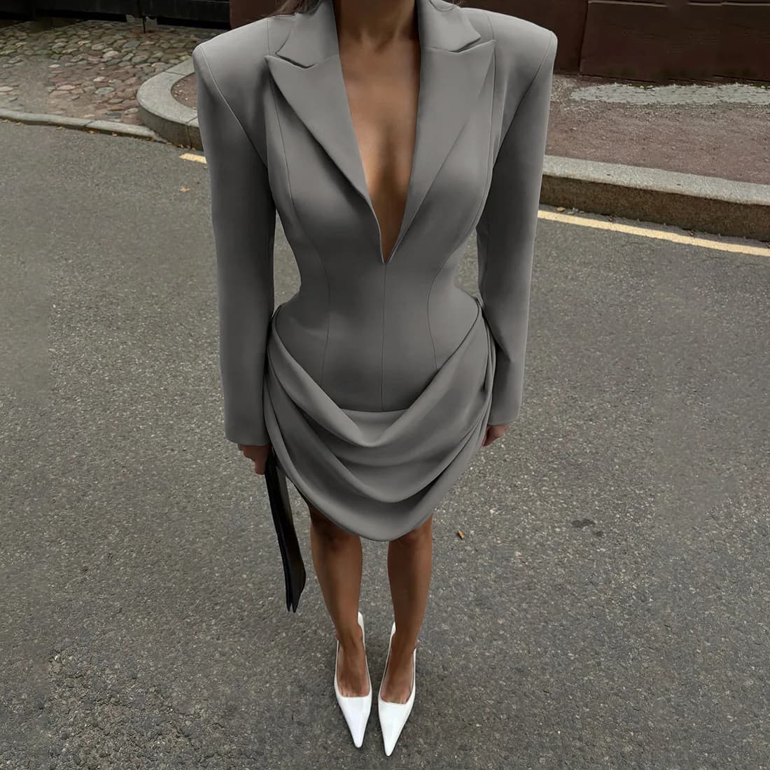Slim Fit Pure Color Deep V Neck Waist Cinched Slimming Suit Dress Elegant High Waist Knitted Thick Winter Long Sleeve Dress