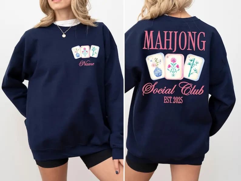 Felpa personalizzata per l'autunno e l'inverno del Mahjong Social Club Felpa con cappuccio personalizzata con nome e anno o felpa con cappuccio con design floreale a girocollo