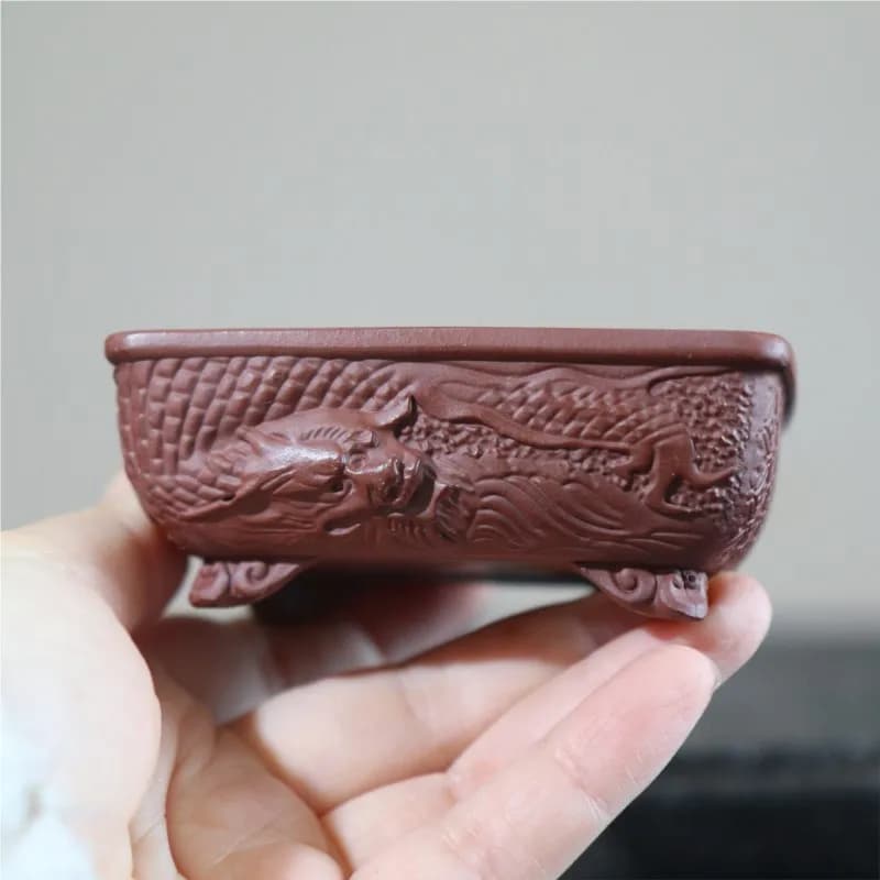 Purple Clay Flower Pot Miniature Bonsai Pot Palm Mounted Bonsai Dragon Carved Pot Small Classical Relief Handmade Flower Pot