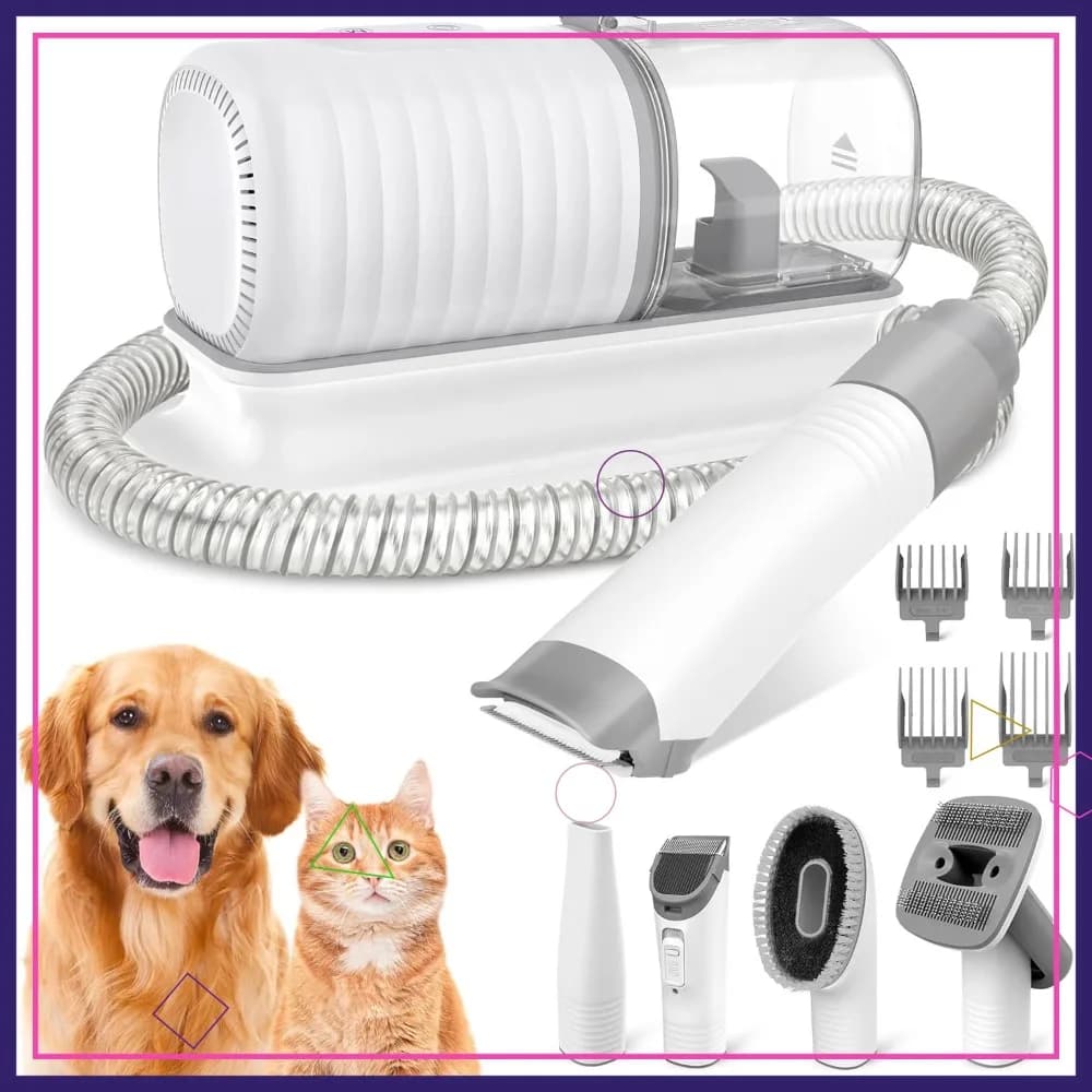 Kit Aspirapolvere per Toelettatura Animali, Aspirazione 13000Pa, Contenitore Polvere 1.5L, 5 Strumenti per la Rimozione del Pelo e la Pulizia Domestica