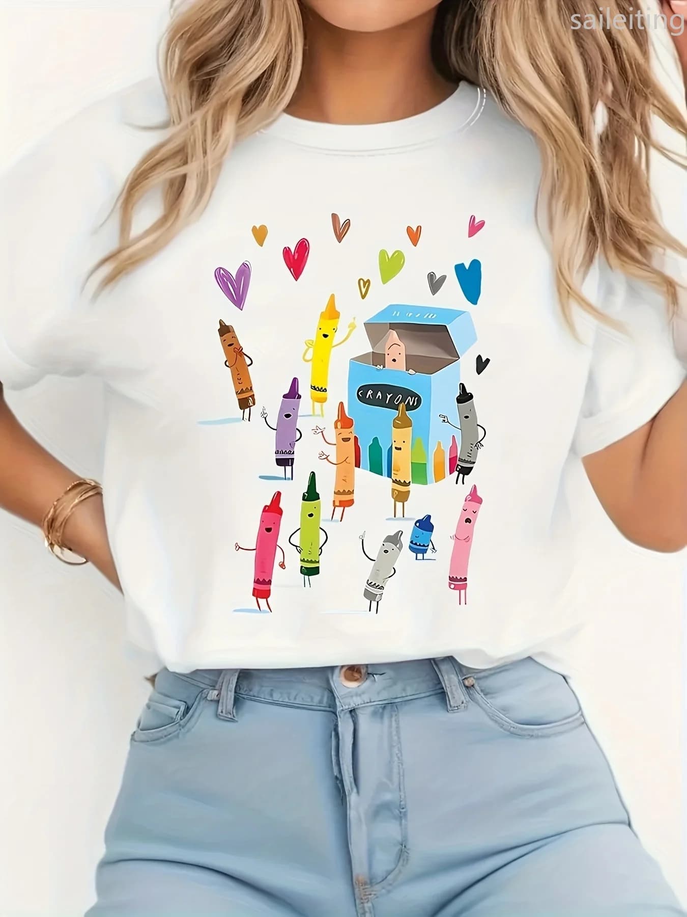 T-shirt casual girocollo a maniche corte Design a pastello colorato - Stampa "CRAYONS" Abbigliamento casual stile primavera/estate Abbigliamento estetico