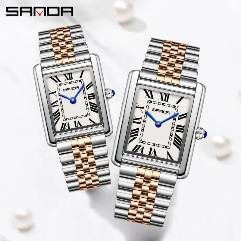 SANDA Coppia Orologio al quarzo con serbatoio Orologio da coppia alla moda impermeabile Resistente all'usura Cinturino in acciaio Quadrante quadrato Design Donna Lady Gift