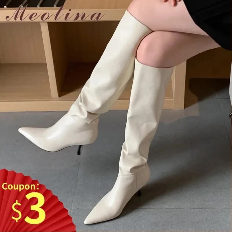 Meotina long boots with high heel in real leather pleated women shoes pointed shoes stiletto heels knee boots autumn winter Beige 43