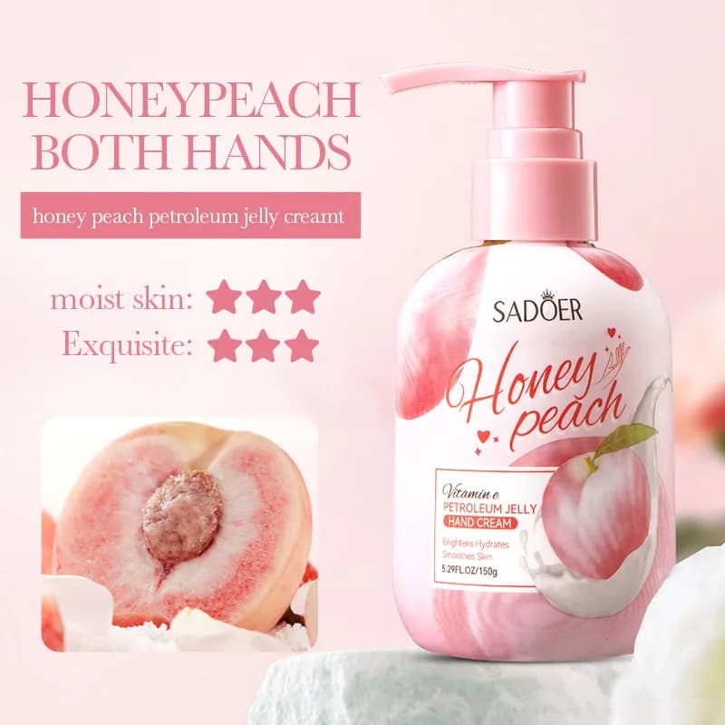 Hand cream with 150 g peach, rich in glycerin, essence of peach extract and tocopherol, with a non-fat moisturizing texture, able to nourish dry skin, usable for the care of hands, feet and body,