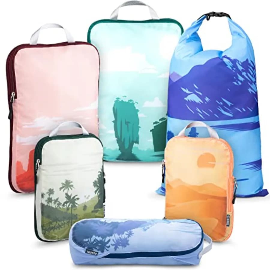 Set di Cubi Organizzatori a Compressione per Valigie da Cabina - Organizzatore di Vestiti Leggero e Resistente in Blu Navy con Cerniera a Sgancio Rapido