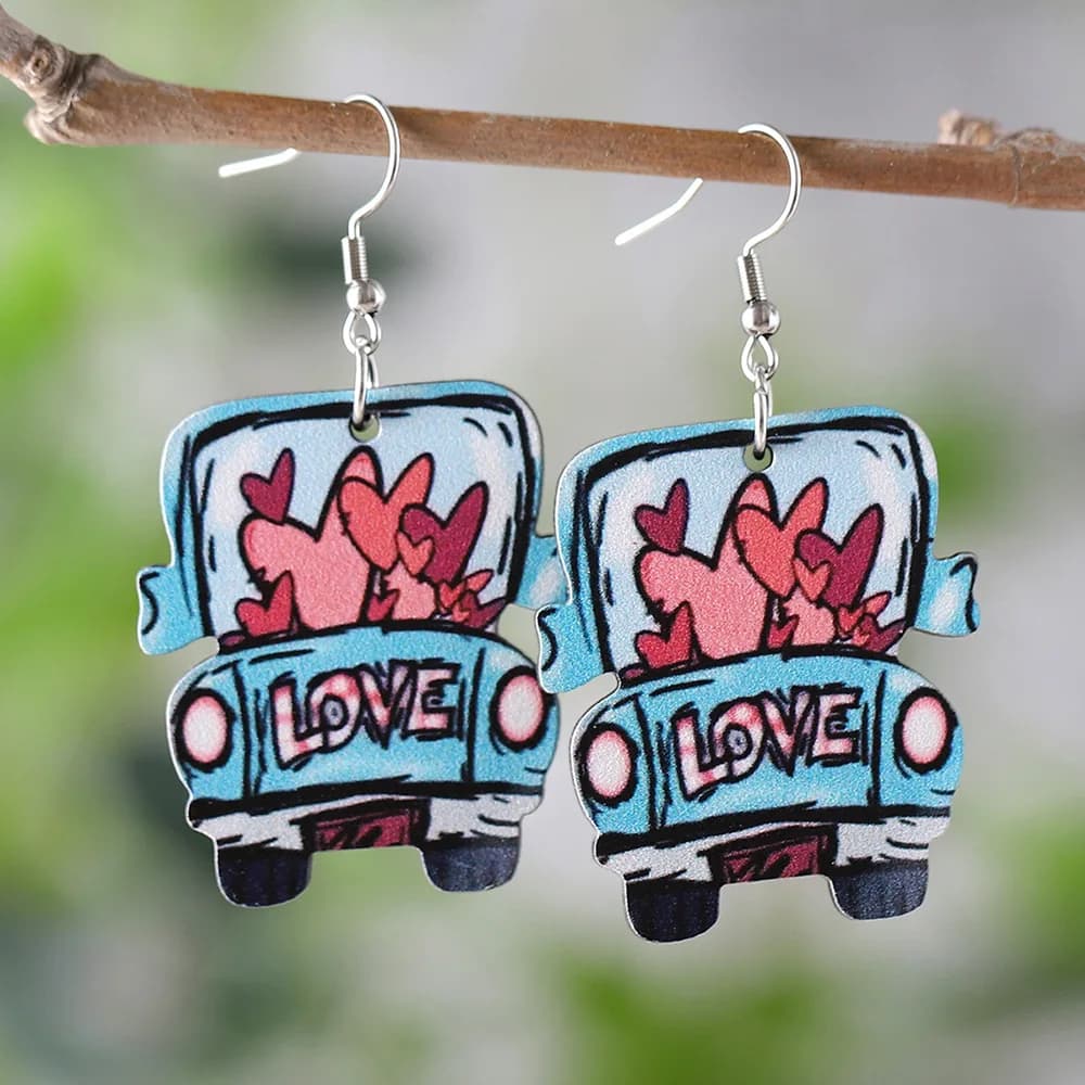 Nuovo San Valentino transfrontaliero europeo e americano amore LOVE orecchini pendenti per auto orecchini bifacciali in legno San Valentino D