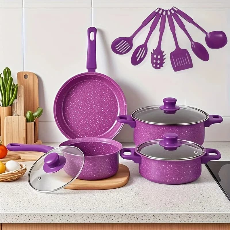 Set of 13-piece non-stick pans with pan + pan + saucepan + saucepan - Safe coloured cooking pots and gas for domestic cuisine