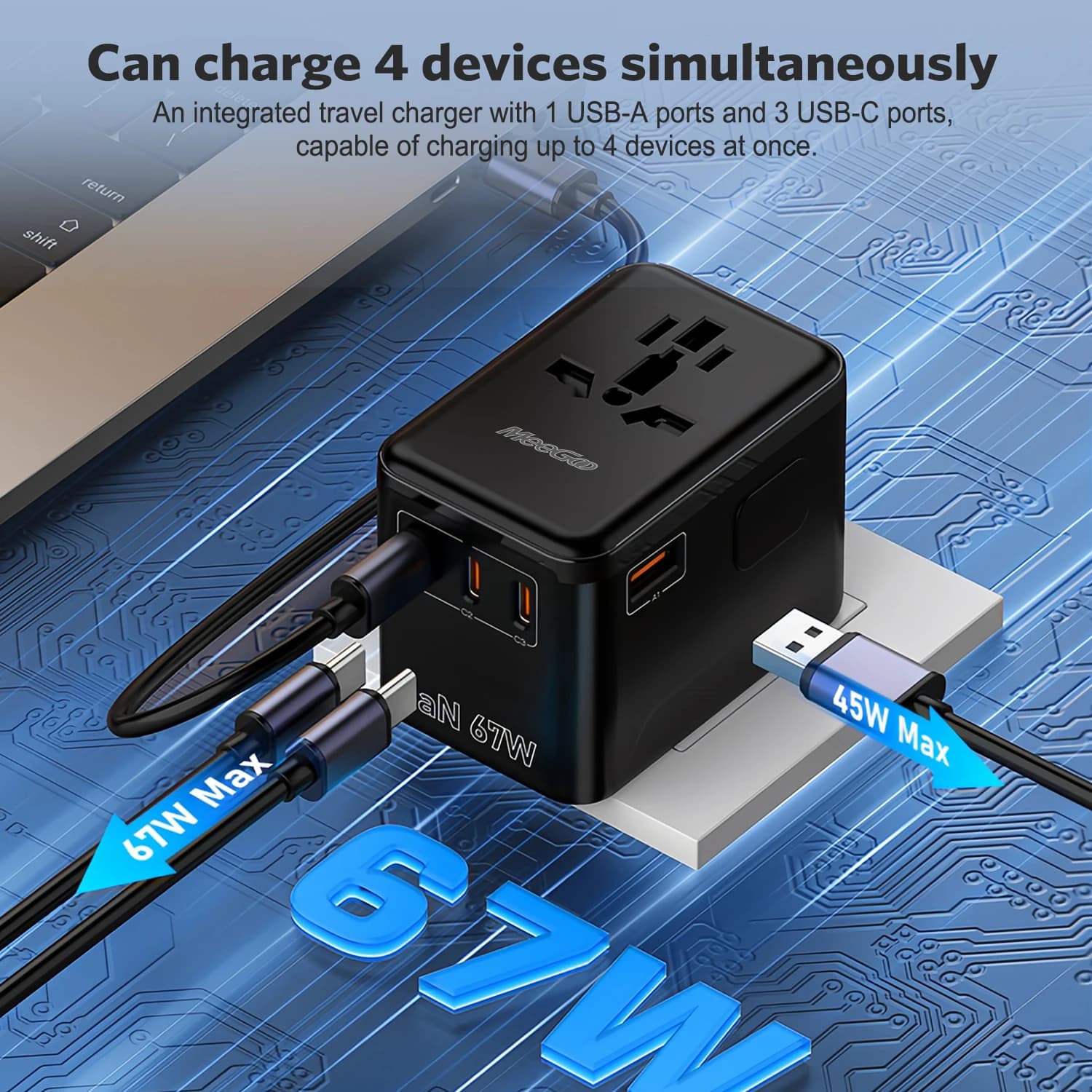 MeeGoo GaN Universal Travel Adapter, 2500W AC Outlet, 67W PD Charging, 1A3C, Global Plug for 180+ Countries, Black
