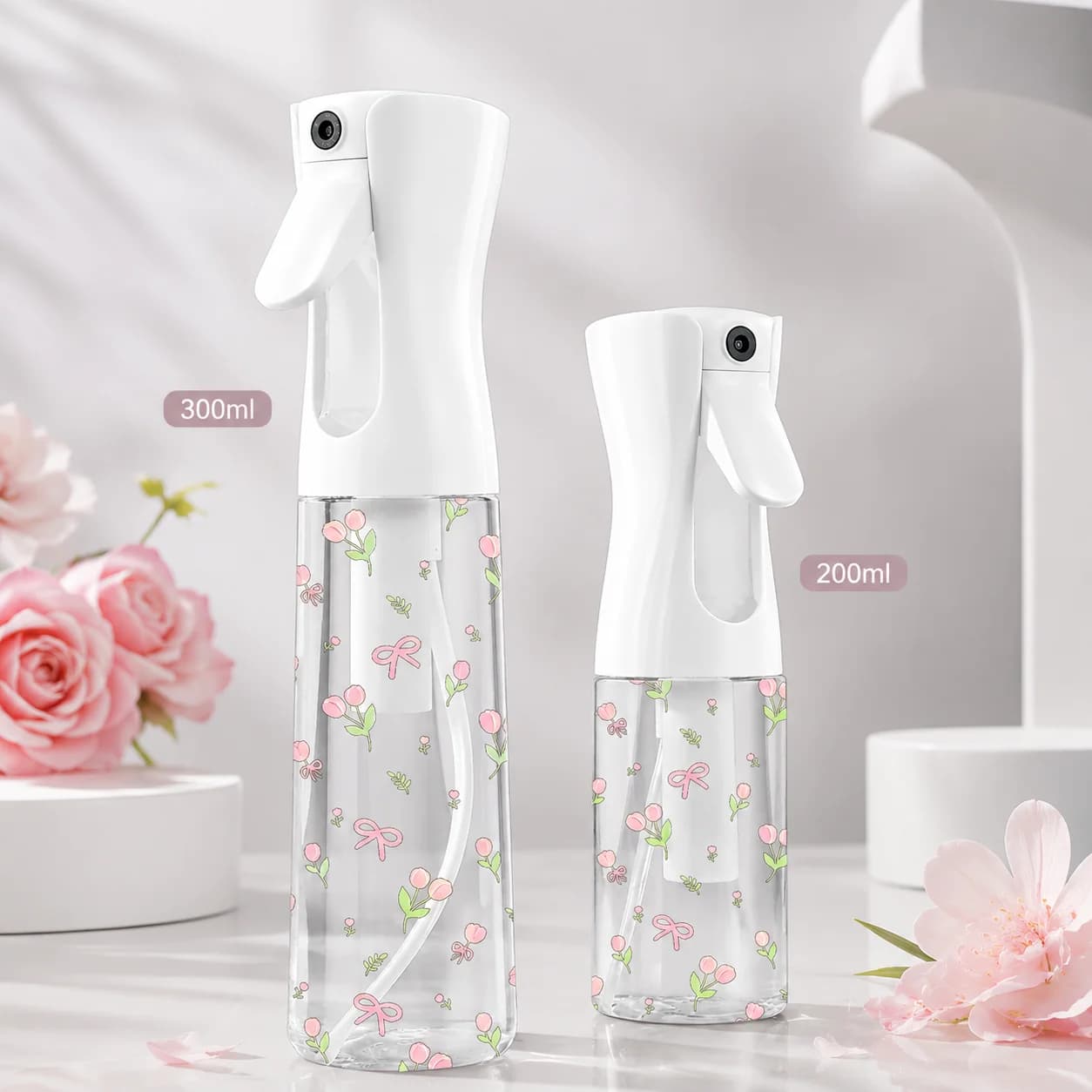 200/300/500ml Cute Floral Continuous Spray Bottle Fine Mist Refillable Water Mister for Hair Salon Plants Cleaning Travel