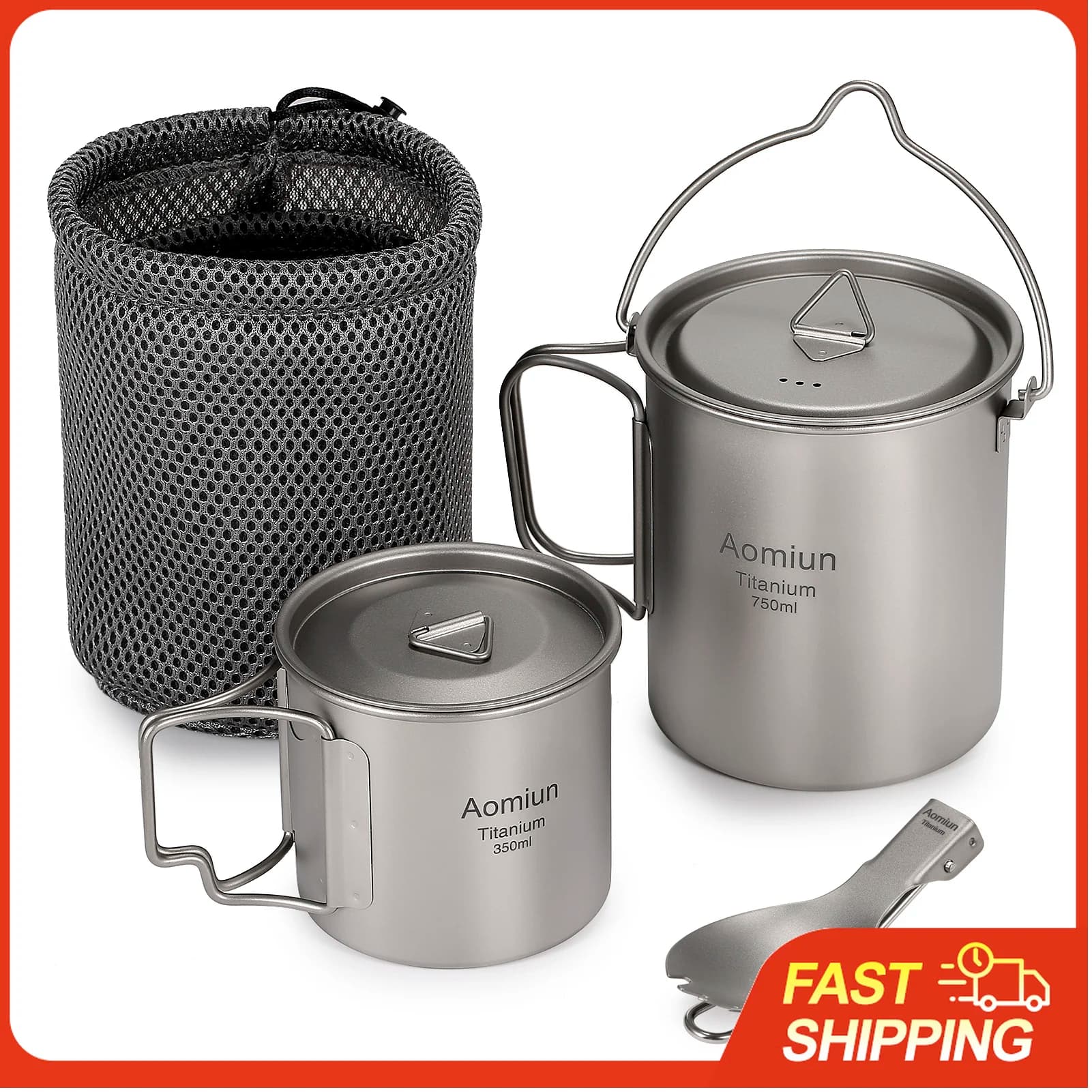 Set di 3 Pezzi in Titanio Leggero: Pentola da 750ml, Tazza da 450ml con Coperchio, Manico Pieghevole e Forchetta-Paletta Richiudibile per Campeggio