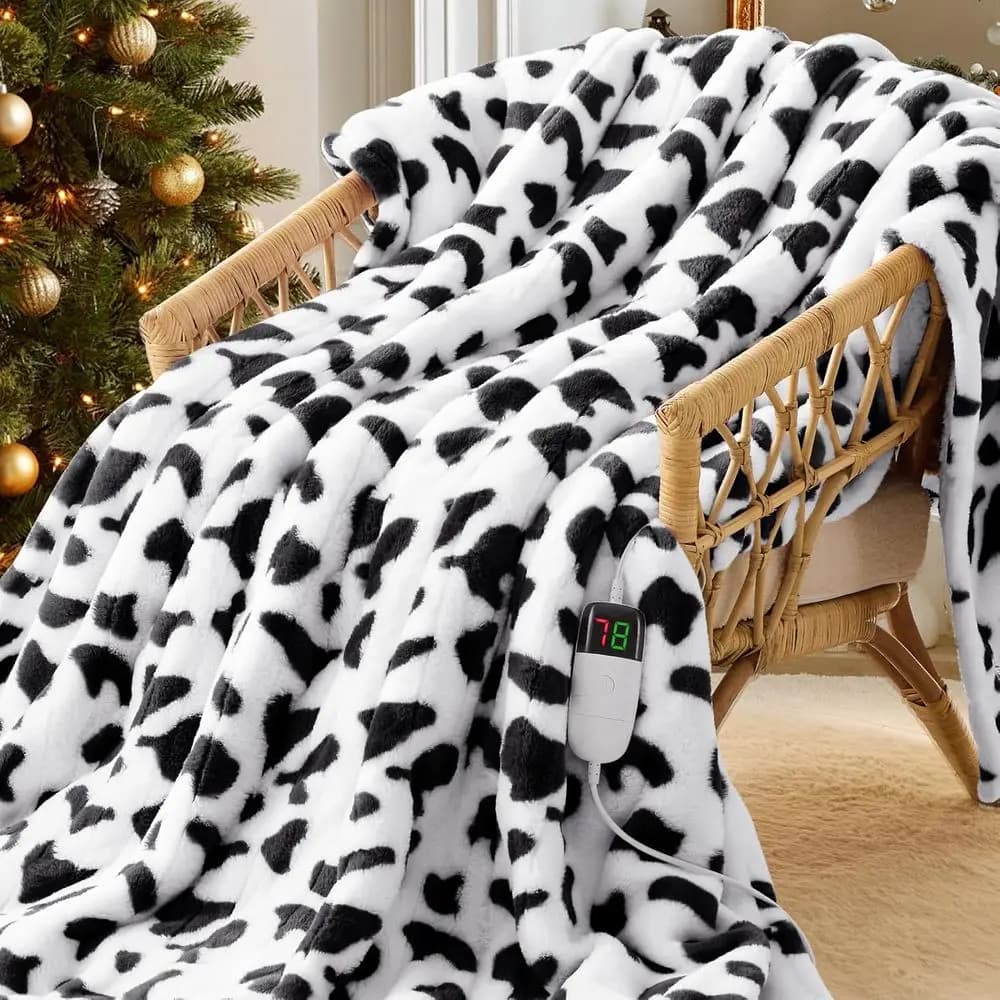 Coperta elettrica riscaldata nera, coperta riscaldante con stampa mucca 50X60 con 10 livelli di riscaldamento e 8 ore Auto O, simpatico arredamento mucca Stu Sot
