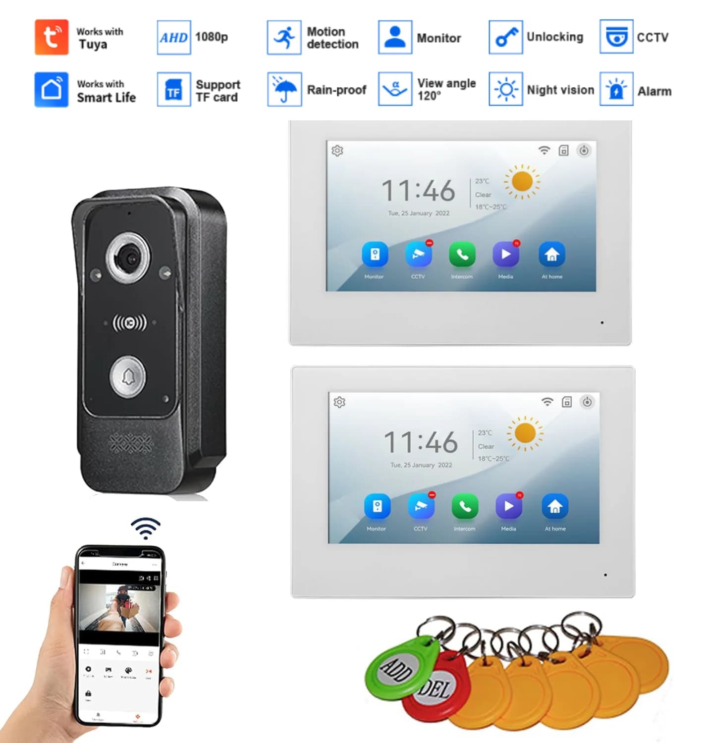 7 pollici Tuya Smart Video Campanello 1080P HD WiFi Touch Monitor RFID Sblocco Edificio Citofono Videocitofono per la casa Sicuro