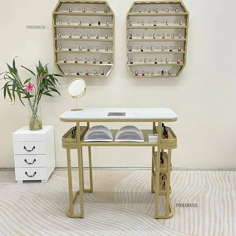 Tavoli per unghie singoli nordici ad alta potenza con aspirapolvere Design lussuoso con prese di corrente Tavoli per manicure a doppio strato