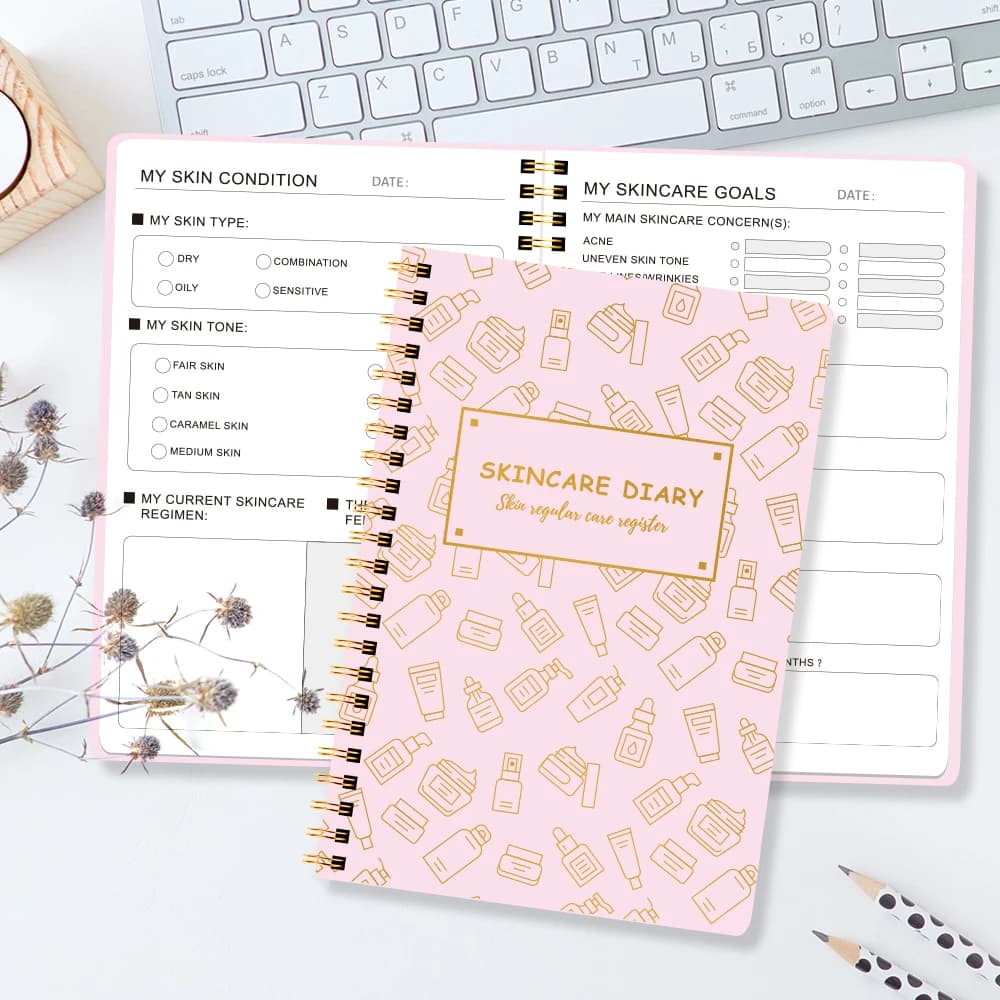 Diario per la cura della pelle, quaderno a spirale, tracker per la routine di skincare, registro dell'acne, diario di bellezza, registrazione degli obiettivi e dei progressi