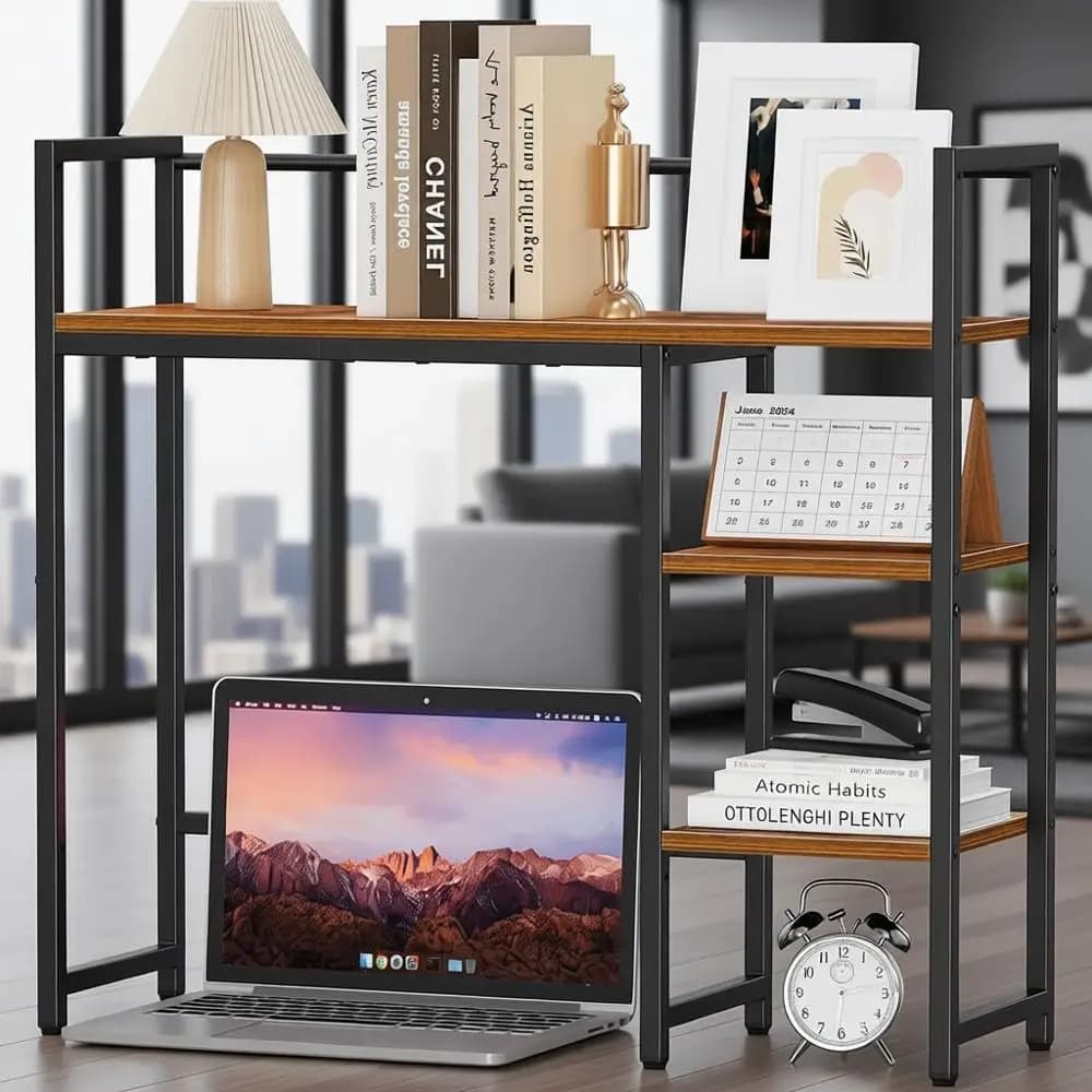 Organizer da scrivania in legno a 4 livelli 31.9, supporto per monitor, scaffale portaoggetti per casa, ufficio o dormitorio, marrone rustico
