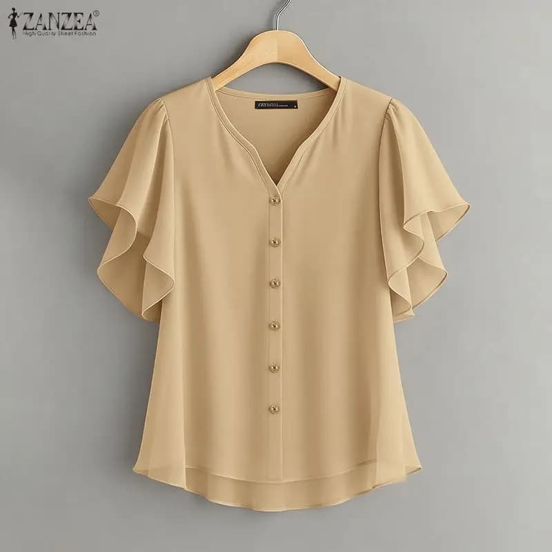 2026 ZANZEA Camicetta Estiva Elegante da Donna con Scollo a V e Maniche Corte Arricciate, Top Casual da Lavoro OL, Blusa Femminile alla Moda Tinta Unita per Vacanze