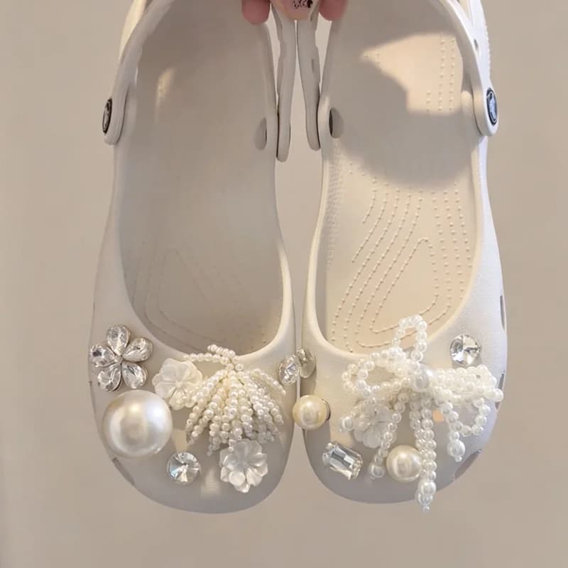Elegant Ladies Pearl Floral Ballet Flats Summer 2026 Soft Bottom Flat Heels Clogs Women Pink Crystal EVA Slippers Woman Mules