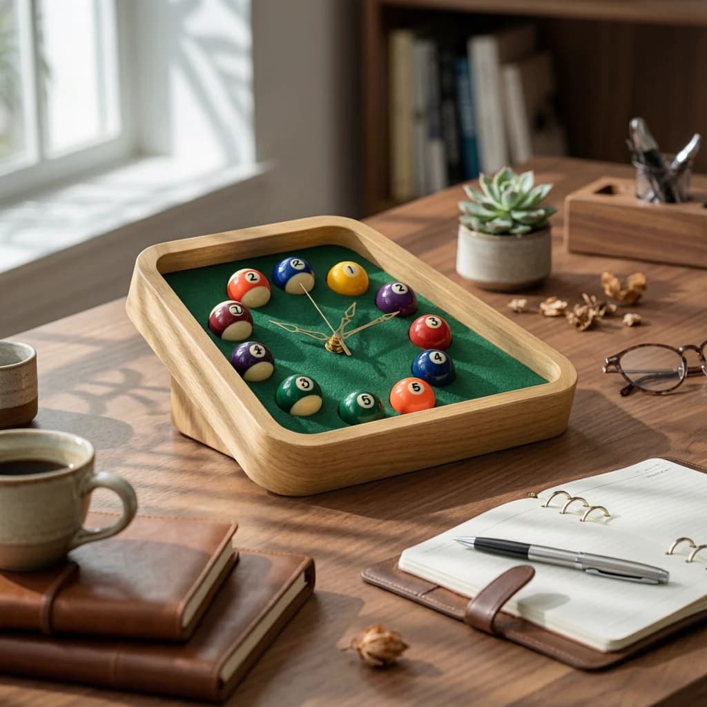 Billiard Rack Wall Timepiece Green Felt-Like Triangular Pool Timepiece Timepiece Gold-Tone Hands Home Decor Battery Operated