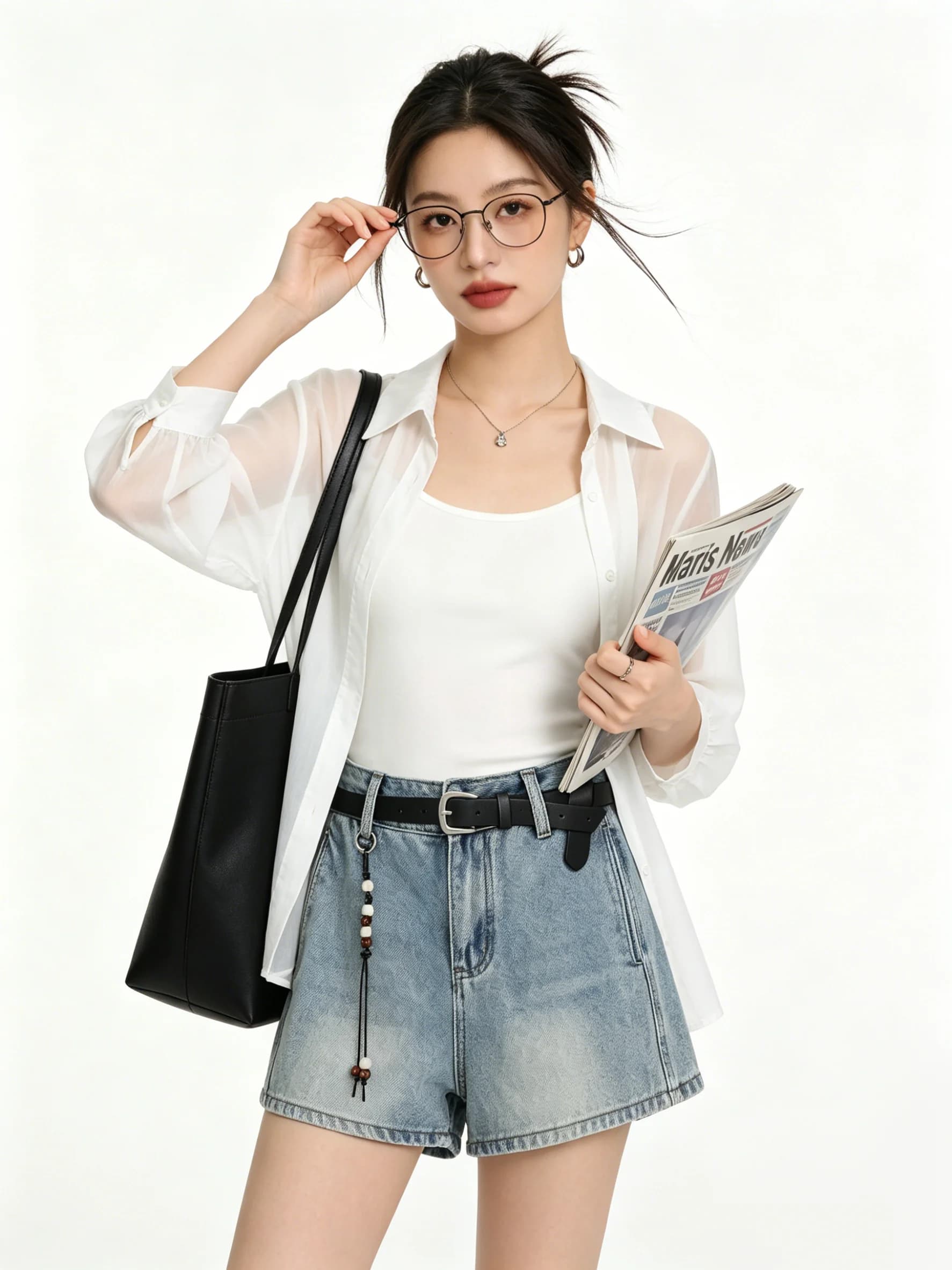 American Style Spicy Girl High Waist Denim Shorts Women's Belted Beaded Slim Wide Leg A-Line Hot Pants Light Blue Summer