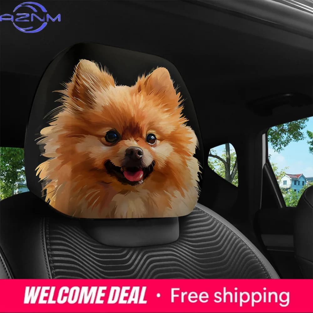 [Stampa simpatica con Pomeranian] 2 copri poggiatesta per auto con stampa simpatica con Pomeranian | Morbido e Traspirante in Poliestere, Facile da Installare e Lavabile