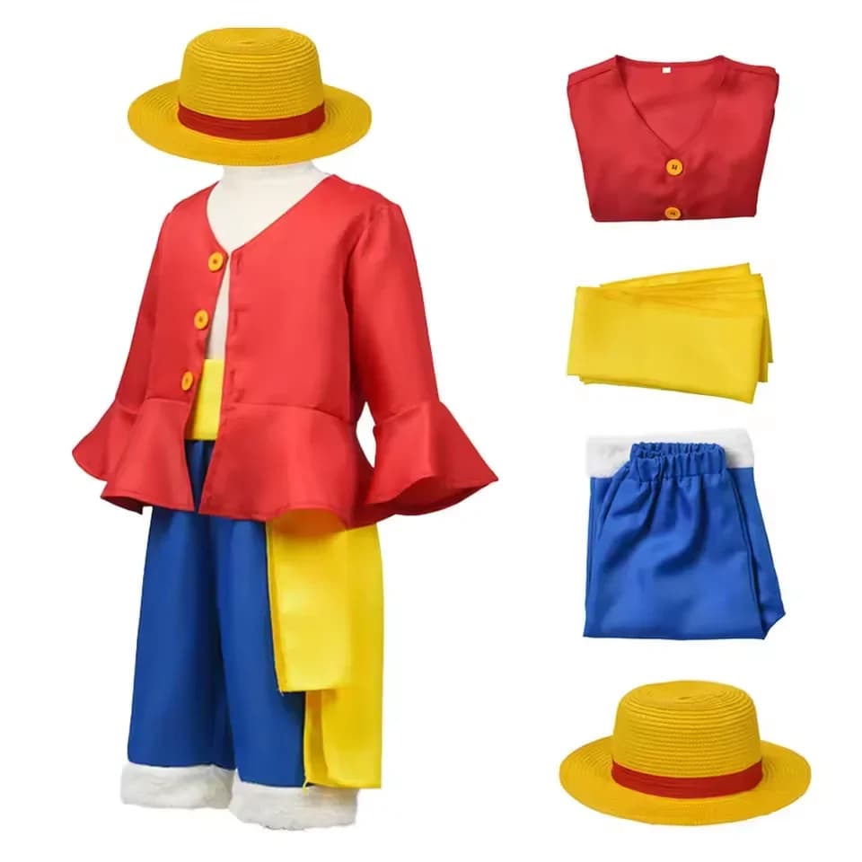 2026 New cosplay costume with straw hat for boys Halloween carnival uniform jacket pants belt full outfit