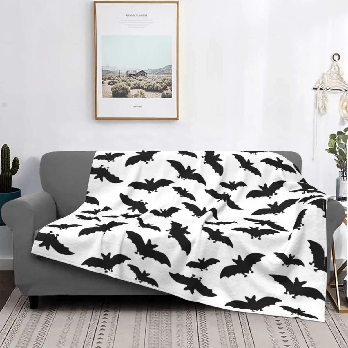 Coperta da tiro con motivo pipistrelli Coperta leggera in flanella di pile gotico di Halloween per divano letto per ufficio domestico Divano per auto per tutte le stagioni
