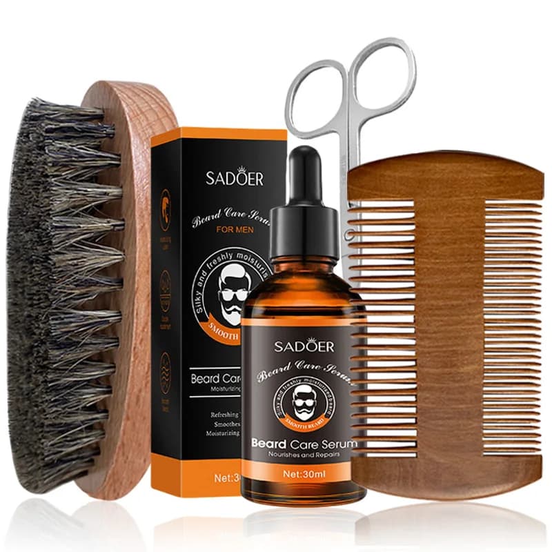 Set da 4 pezzi per la cura della barba da uomo, olio per barba, nutre e idrata, migliora la condizione della barba crespa, viene fornito con strumenti per la rifinitura.