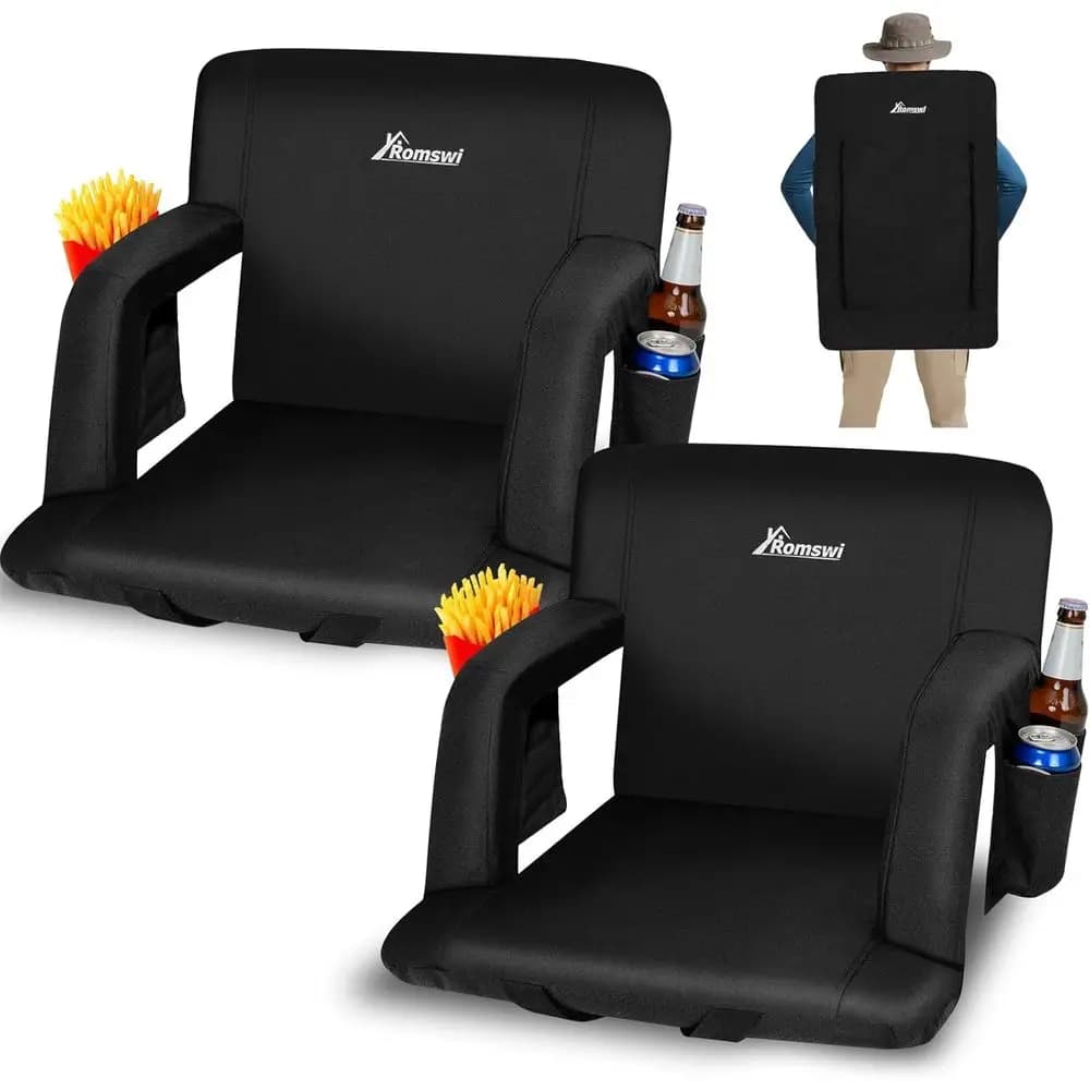 Double Pack Extra Wide Reclining Stadium Seats with Armrests, Adjustable Angles, Padded Backpack Straps, and Multiple Pockets (2
