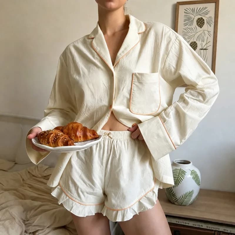 2026 New Women's Apricot Pure Cotton Long Sleeved Shorts Pajamas Two Piece Set for Autumn European American Loungewear