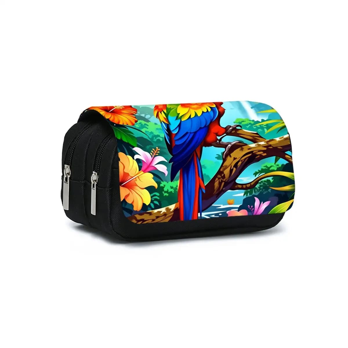 Astuccio in Tessuto con Doppio Scomparto e Motivo Pappagallo Colorato, Regalo Ideale per Ragazzi/Ragazze, Portapenne Piatto 2D per Scuola e Ufficio, per Bambini