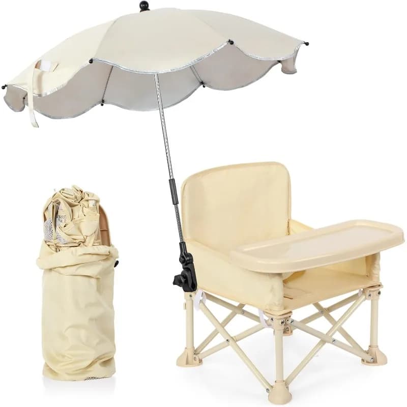 Seggiolino da Spiaggia per Bambini con Ombrello, Schienale, Tasca, Cintura di Sicurezza, Pieghevole, per Tavolo da Pranzo e Campeggio