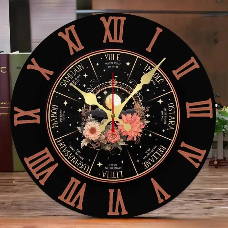 DIY 2D Flat Natural Solar Terms Wooden Round Silent Hanging Wall Clock, Suitable For Living Room, Office,Study Room, Bedroom,Home Decoration