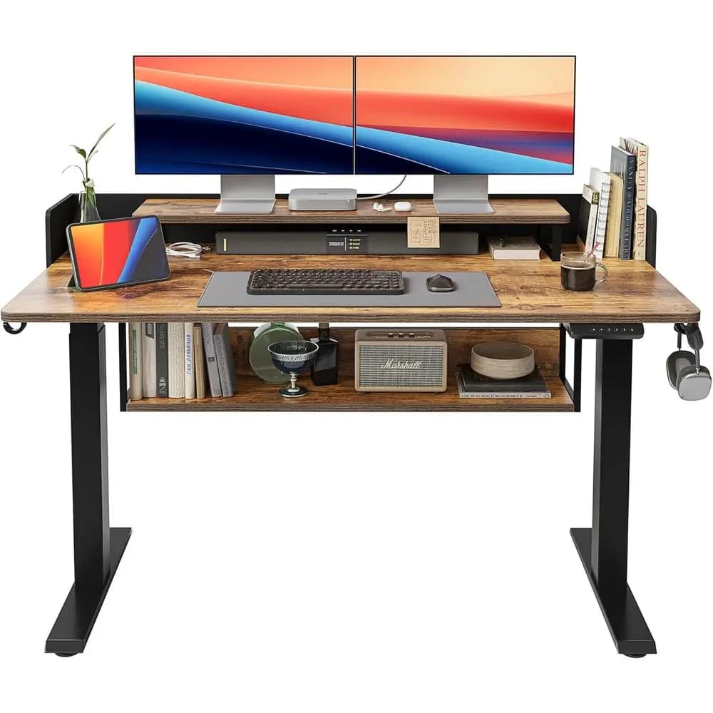 Rustic Brown 55 Adjustable Height Electric Standing Desk with 24 Shelf and Monitor Stand