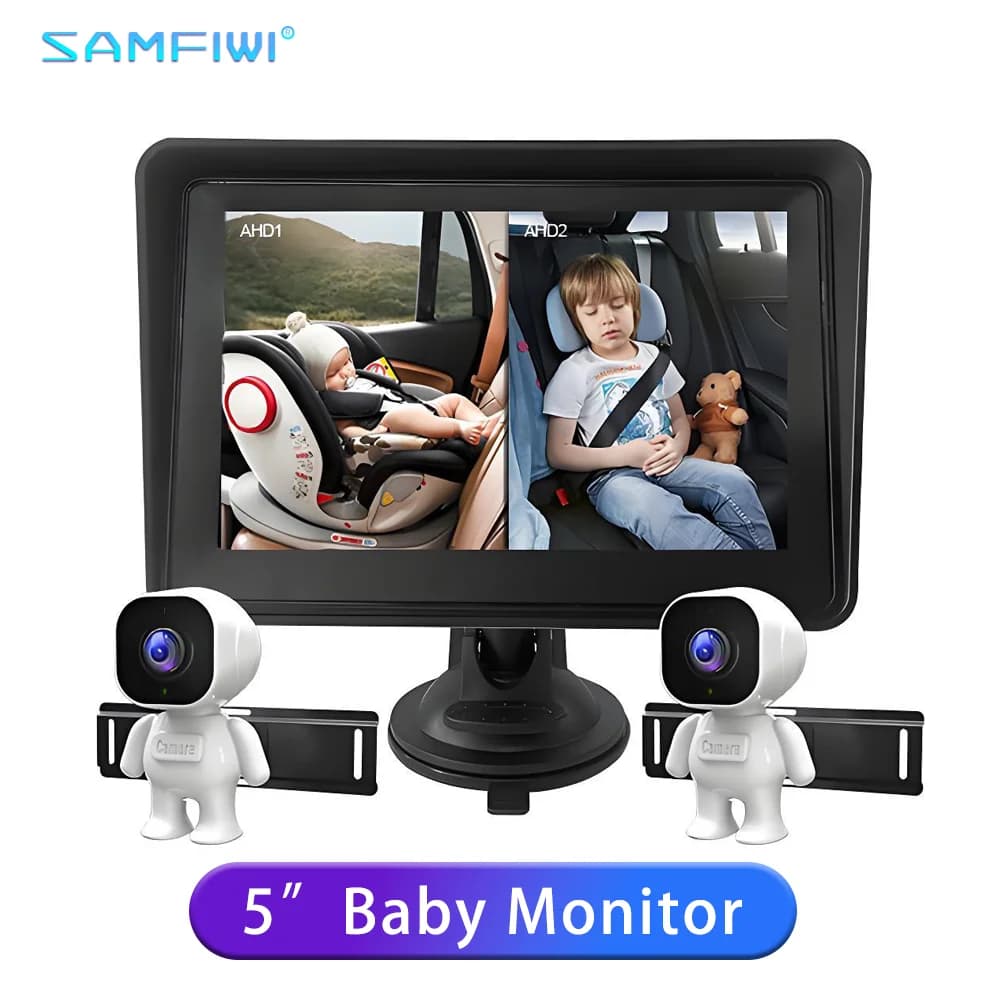 2CH ar Baby Monitor Display con schermo HD da 5 pollici Sedile di sicurezza per neonati Piccola telecamera robot Specchio per auto per bambini Vista notturna per sedile posteriore