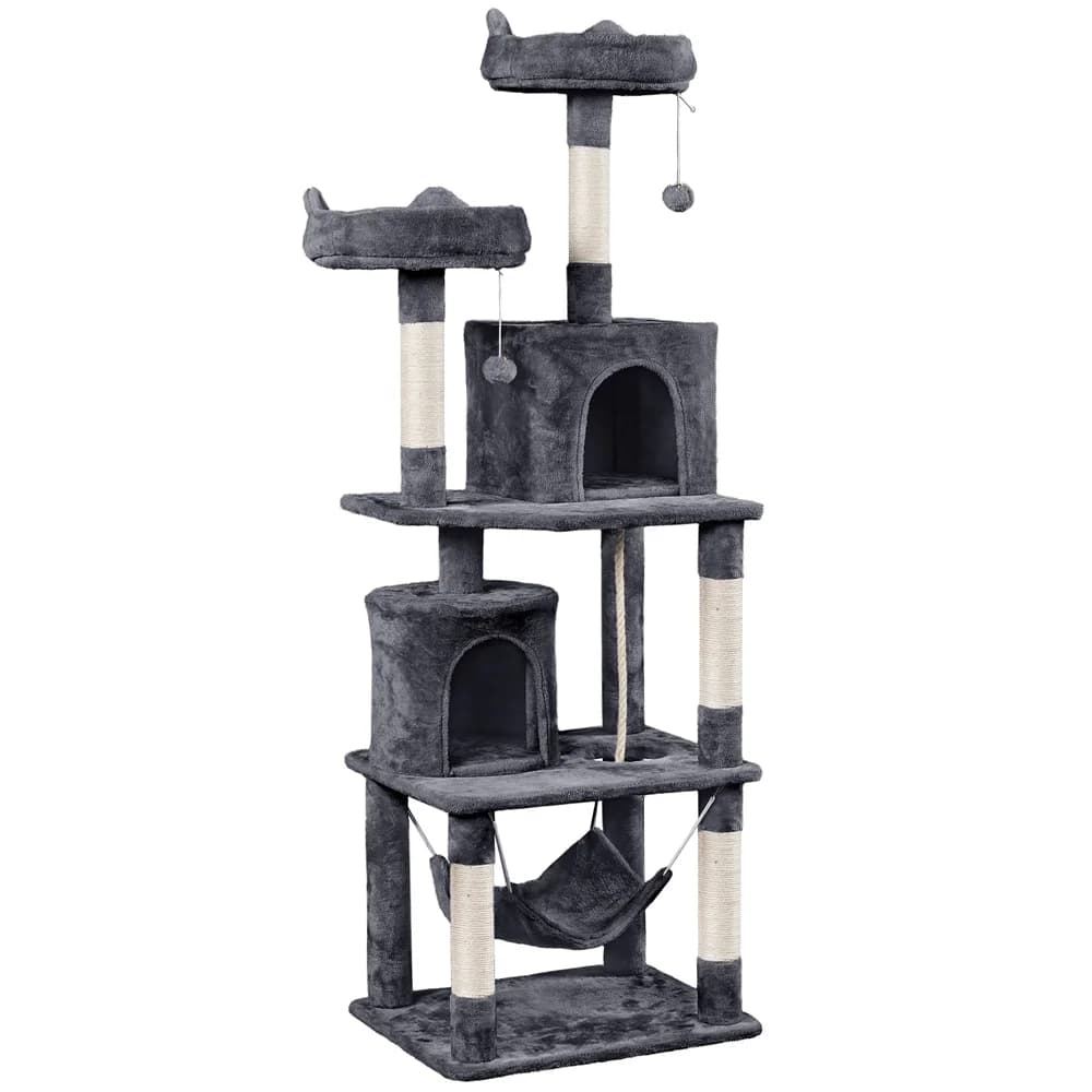 70″H Multi Level Cat Tower Tree with 2 Condos & 2 Foam-Padded Perches for Medium/Large Cats, Light Gray
