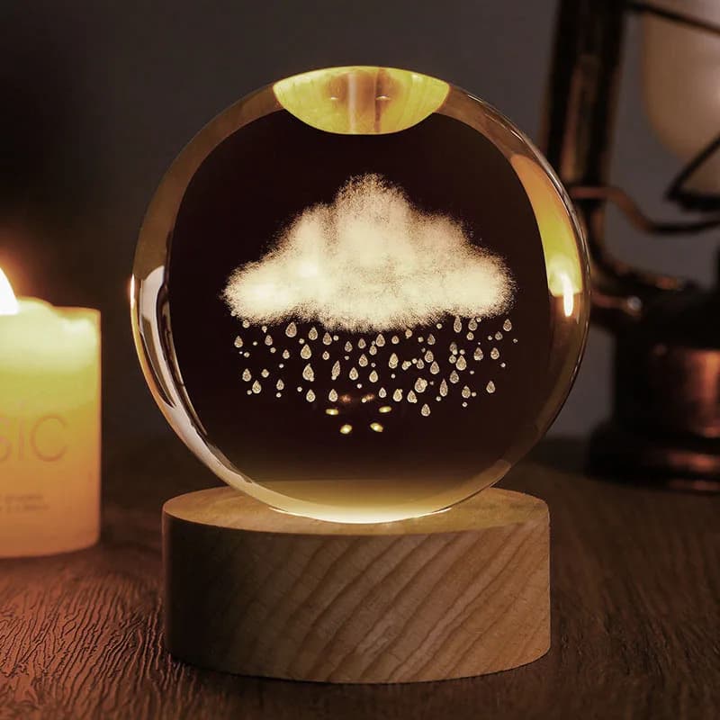 Sfera di cristallo con base Nuvola Pioggia Figurina di vetro 3D inciso al laser Sfera Ornamento Home Office Decorazione globo Regali in miniatura