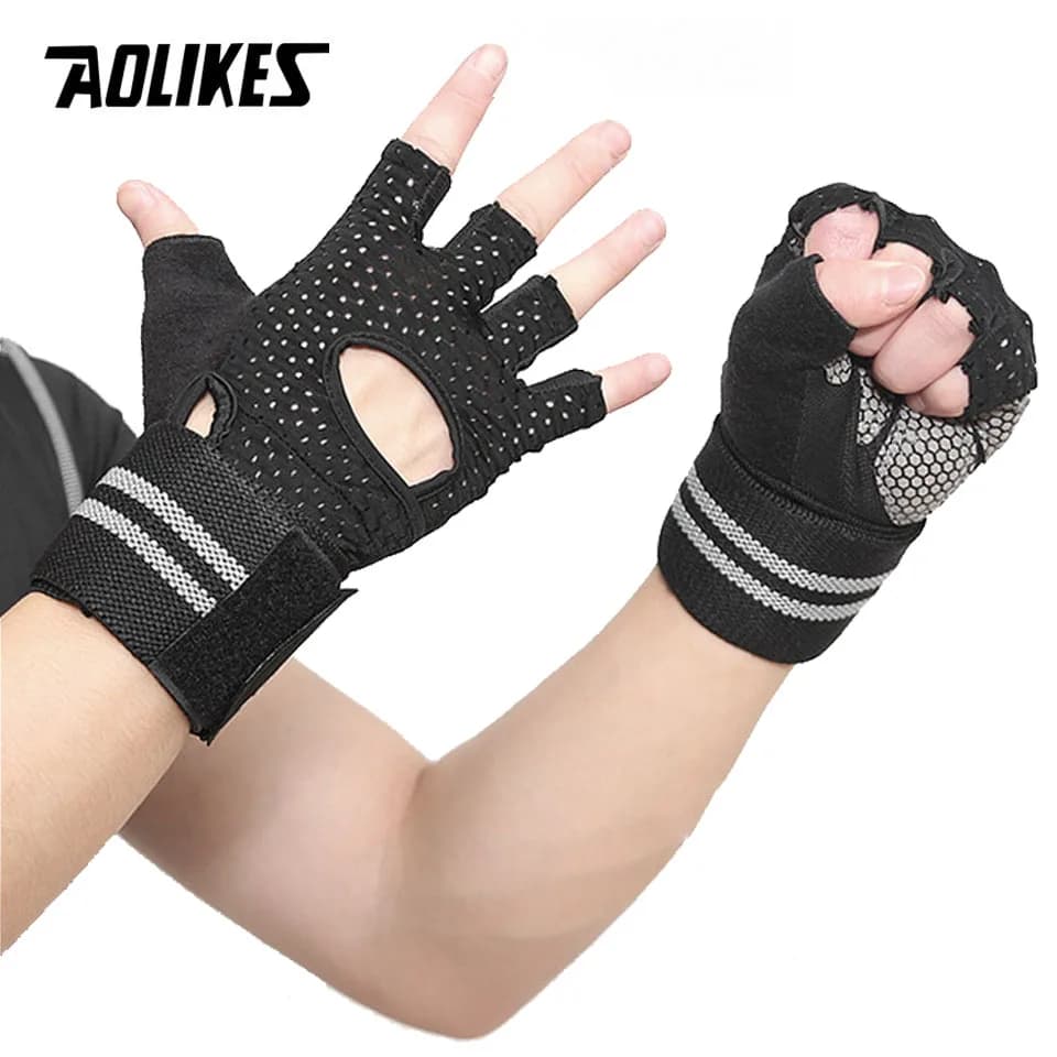 AOLIKES Fitness Gym Glove guanti per sollevamento pesi imbottiti con impugnatura in Silicone antiscivolo per uomo e donna con fascia da polso Crossfit Workout