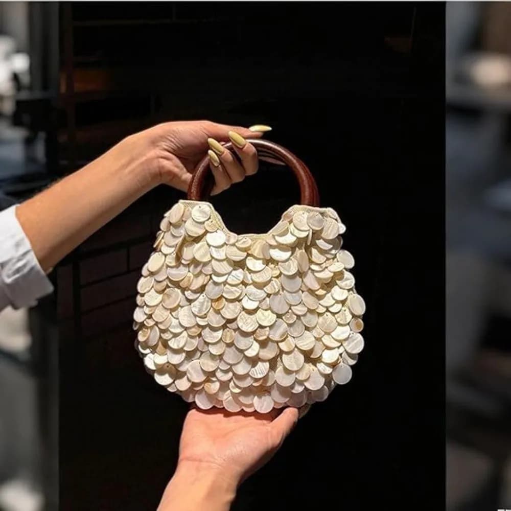 Hand-made beads bag with shell bag with beads Shell bag for women- Luxury pouches with pearl sequins with upper handle