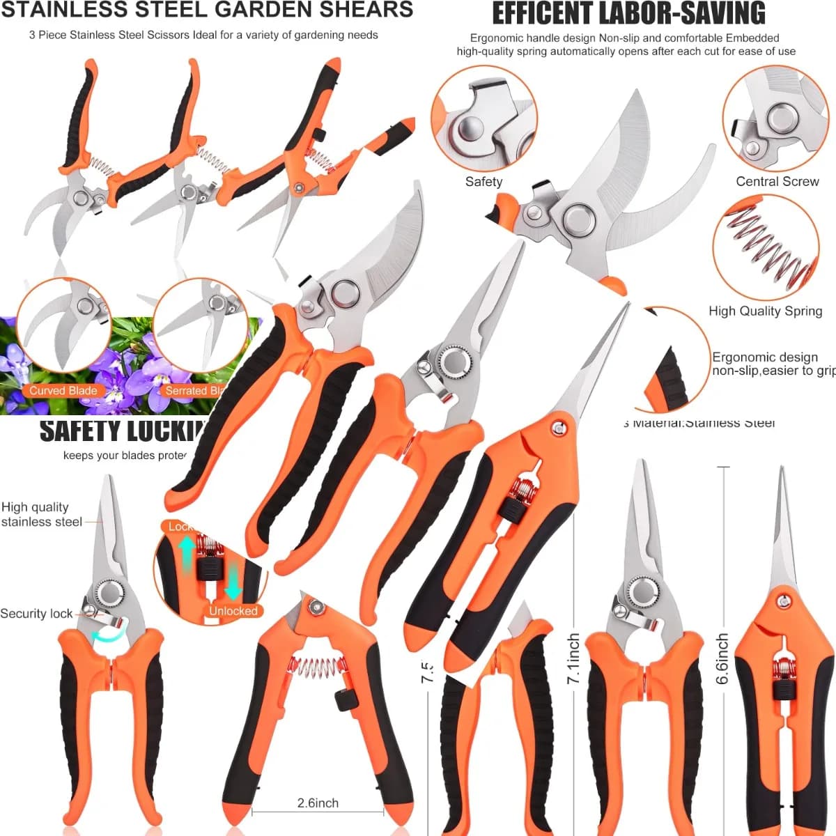 3 Pcs Garden Shears, Stainless Steel Gardening Scissors, Pruning Shears for Gardening, Pruning Scissors for Flowers Fruit Tree