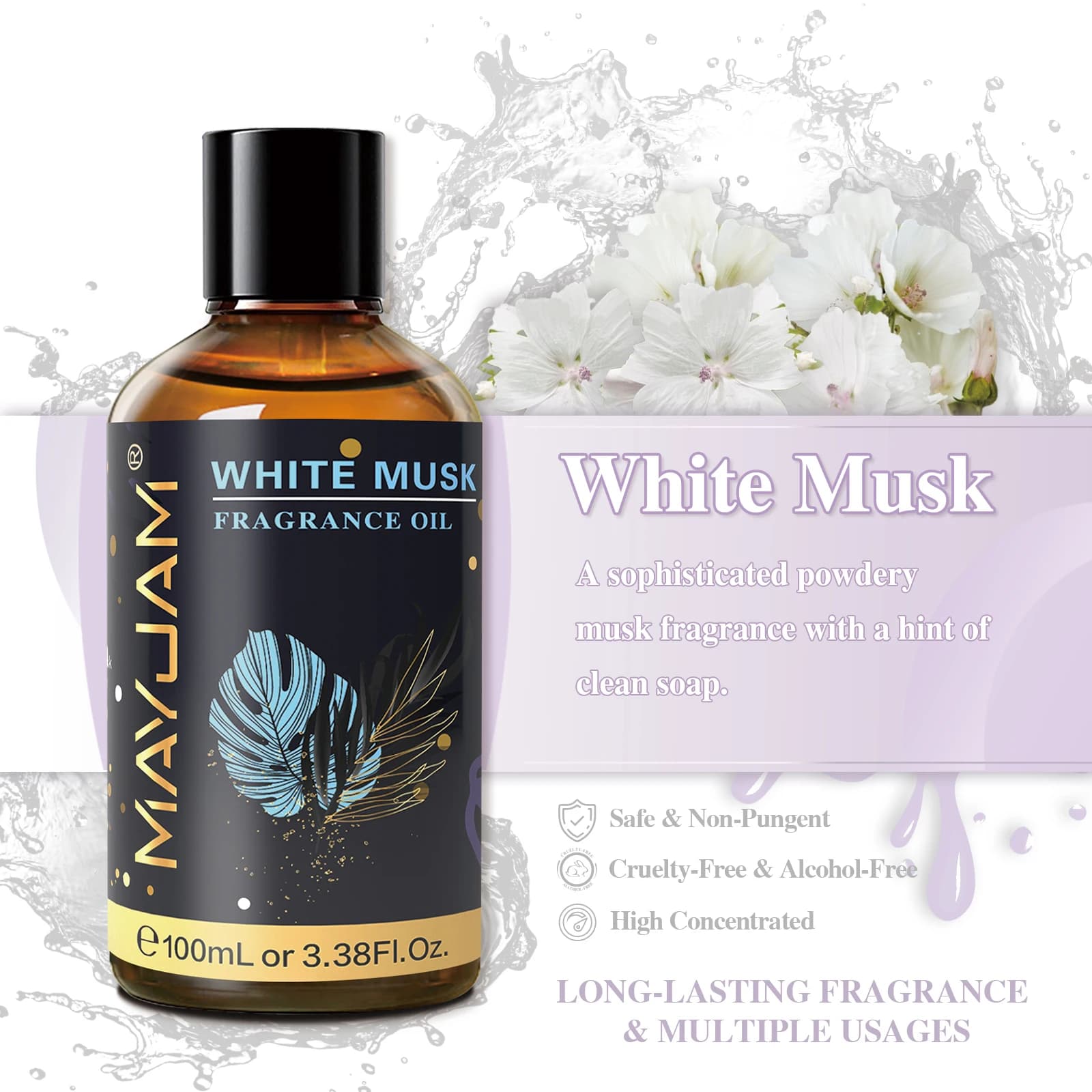 MAYJAM 100ml Oli profumati con contagocce per umidificatore Diffusore per auto Muschio bianco Gomma da masticare Sea Breeze Freesia Baby Powder