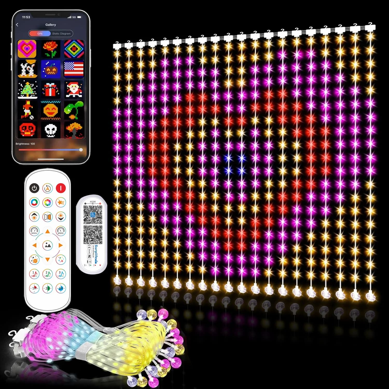 Luci per tende da finestra a LED colorate intelligenti RGB IP65 400 led RGB LED APP Controllo testo fai da te e luci natalizie per Natale