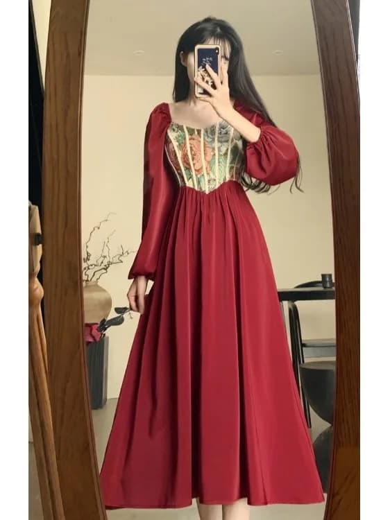 plus Size Women's Red Long Sleeve A-Line Dress Square Collar Autumn New Style French Style Slimming High Waist Long Dress