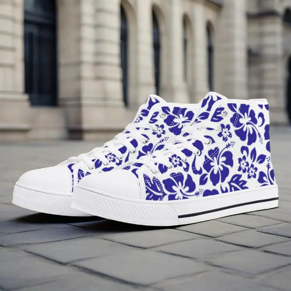 Scarpe vulcanizzate personalizzabili con motivo in porcellana blu e bianca, scarpe classiche alte in tela, sneakers casual, scarpe in denim