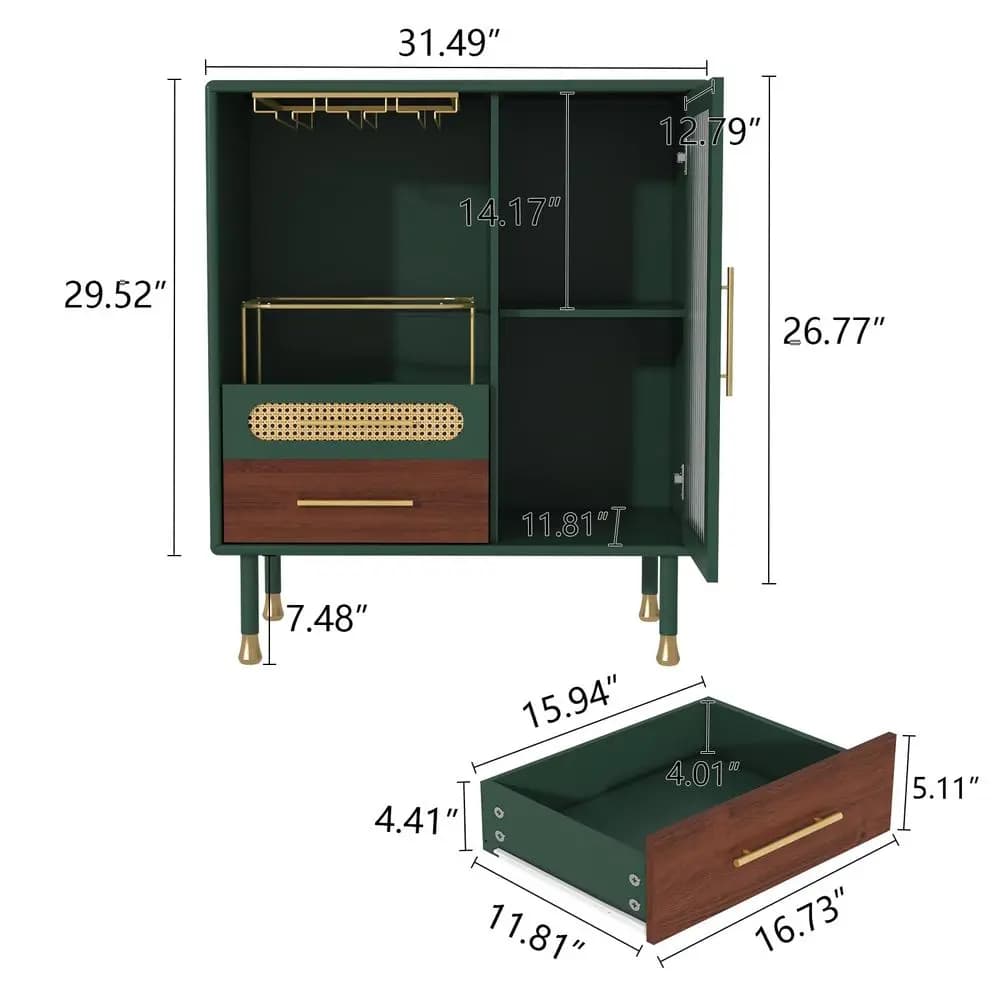 Mobile Bar Moderno con Portabicchieri e Cassetti, Mobiletto Verde per Liquori con Vano Portabottiglie Estraibile per Cucina, Sala da Pranzo