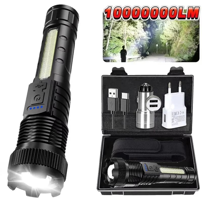Torcia a LED ultra luminosa Lampada ricaricabile Torcia tattica telescopica Lampada doppio flash rosso blu per emergenza da campeggio all'aperto