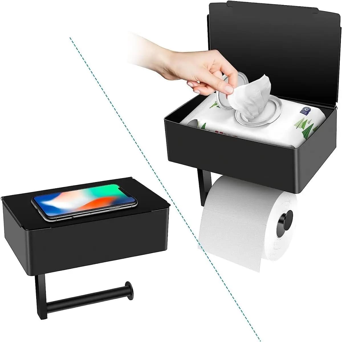 Portarotolo da parete in acciaio inossidabile nero con ripiano portaoggetti, senza installazione e porta salviette umidificate