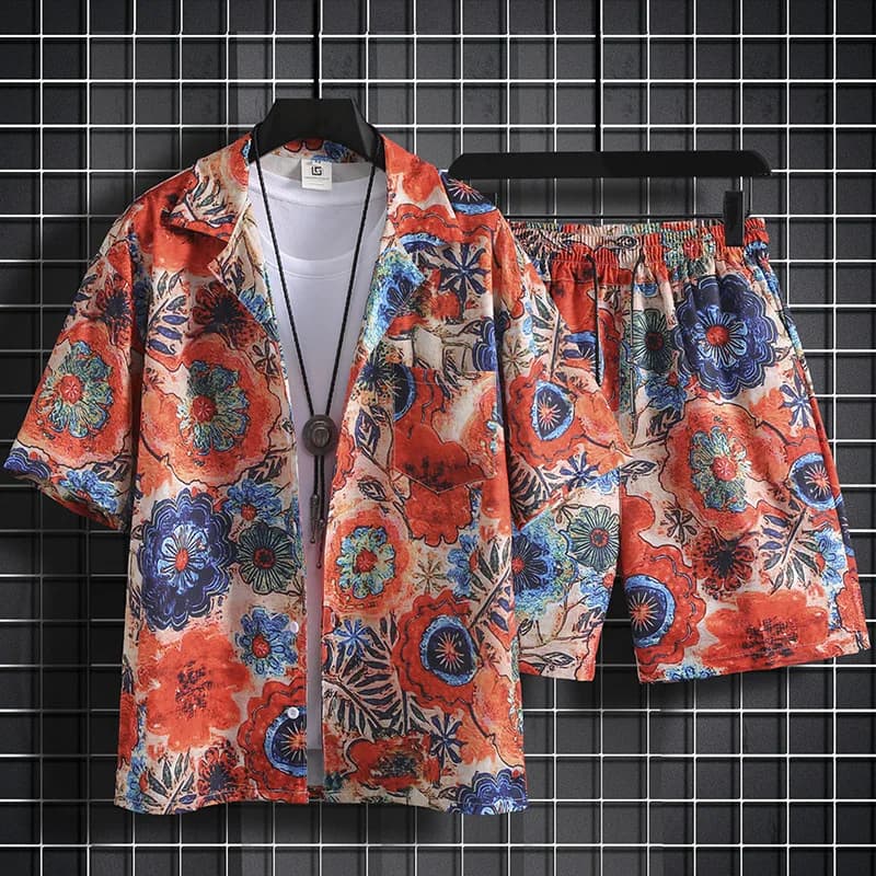 Camicia con stampa 3D in stile etnico con fiori giovanili alla moda + pantaloncini, camicia a maniche corte con colletto a revers, pantaloni corti, set due pezzi