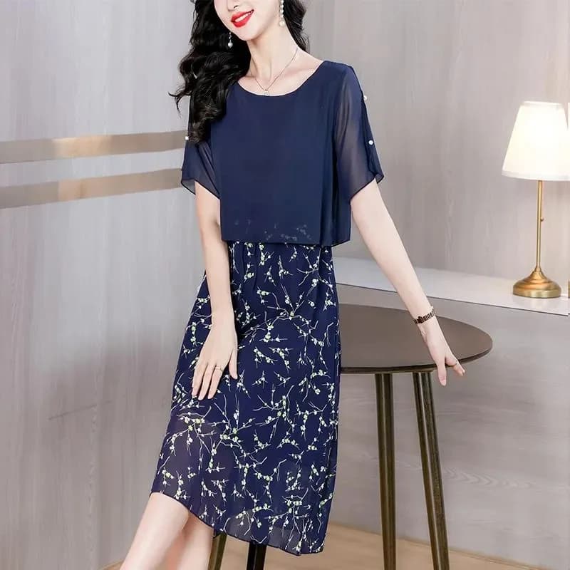Abito lungo da donna in chiffon con stampa floreale, scollo a V, maniche corte, cintura e tasche, modello casual a trapezio