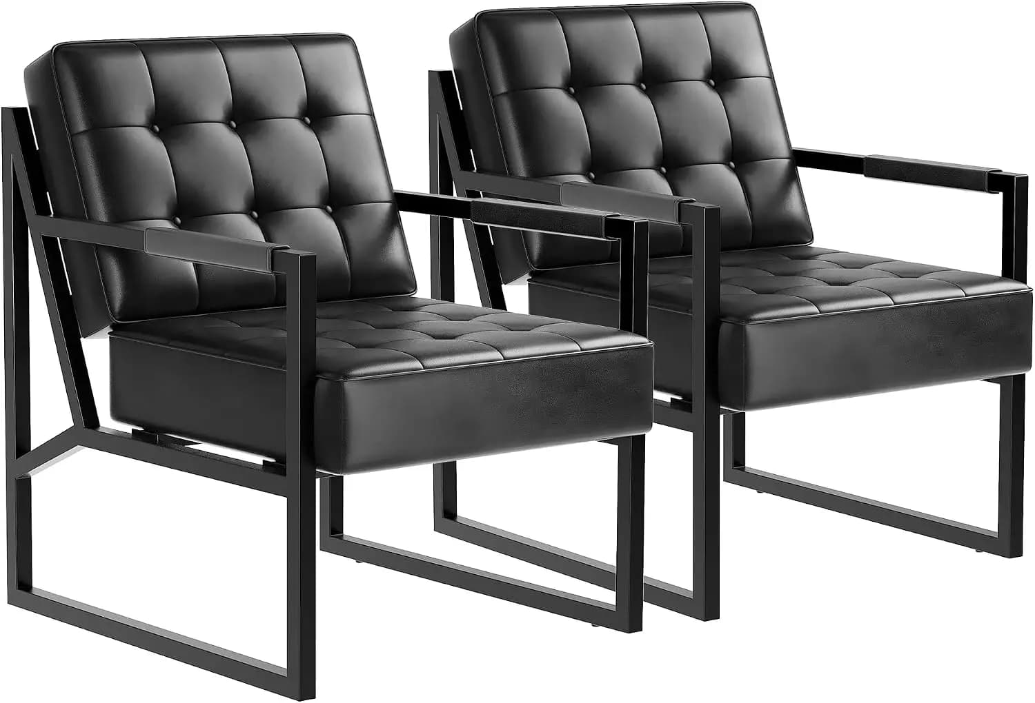 Set Of Two Accent Chairs PU Leather Armchairs Mid Century Modern Side Chairs Metal Legs Soft Cushion Living Room Bedroom Reception Office Seating Furniture Accessories, Brown