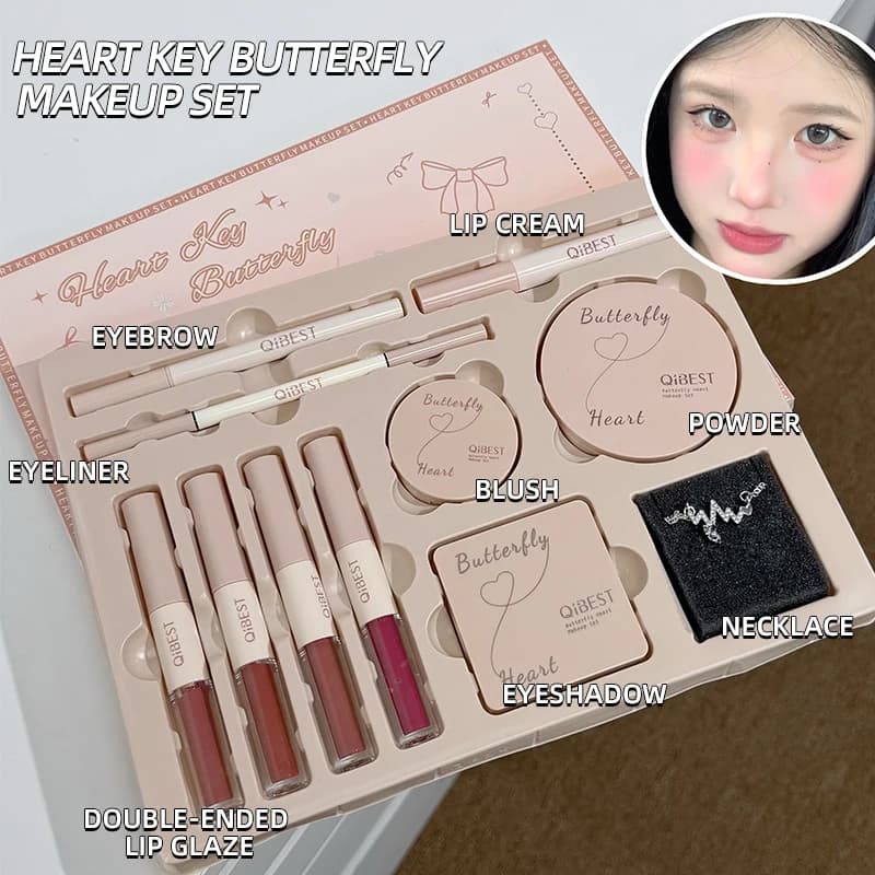 QIBEST Set trucco viso 4 pezzi Smalto labbra a doppia estremità, polvere pressata, fard, ombretto, penna per sopracciglia, eyeliner, cosmetici regalo olio labbra